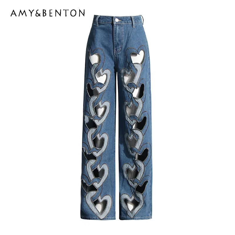 Temperament Trendy Trousers 2024 Autumn New Fashion High-end Heart-shaped Hollow High-waisted Jeans For Women's Y2k Denim Pants