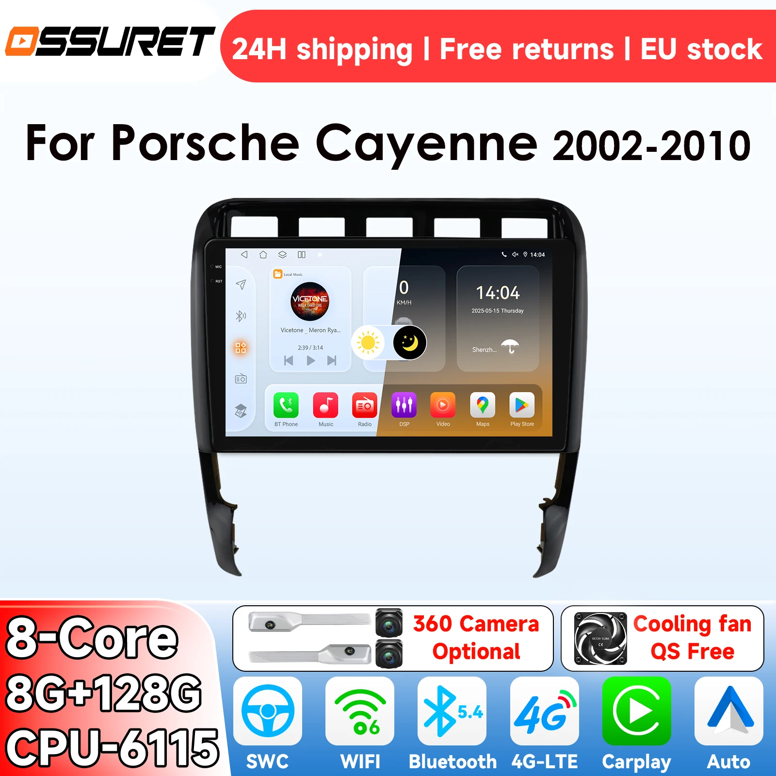 OSSURET AI Android 14 Autoradio pour Porsche Cayenne 2002-2010 Lecteur Multimédia Intelligent CarPlay GPS 4G 6115