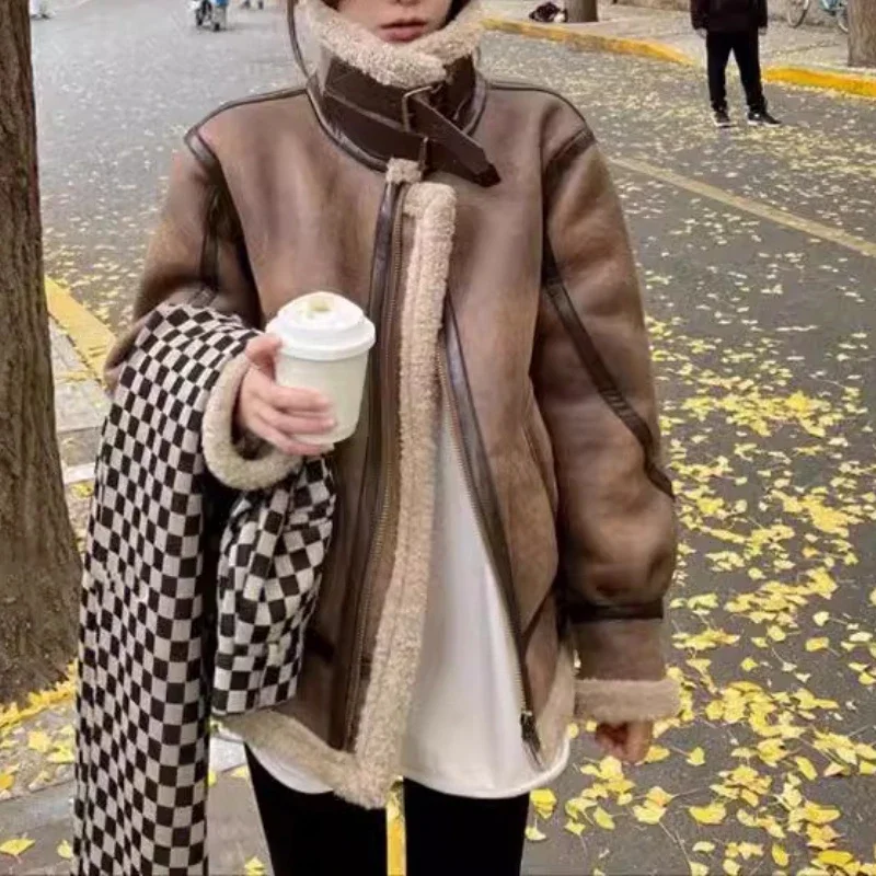 

Women's Shearling Lamb Wool Coat 2025 New Winter Suede Velvet Biker Jacket Lamb Fleece Cotton Jacket