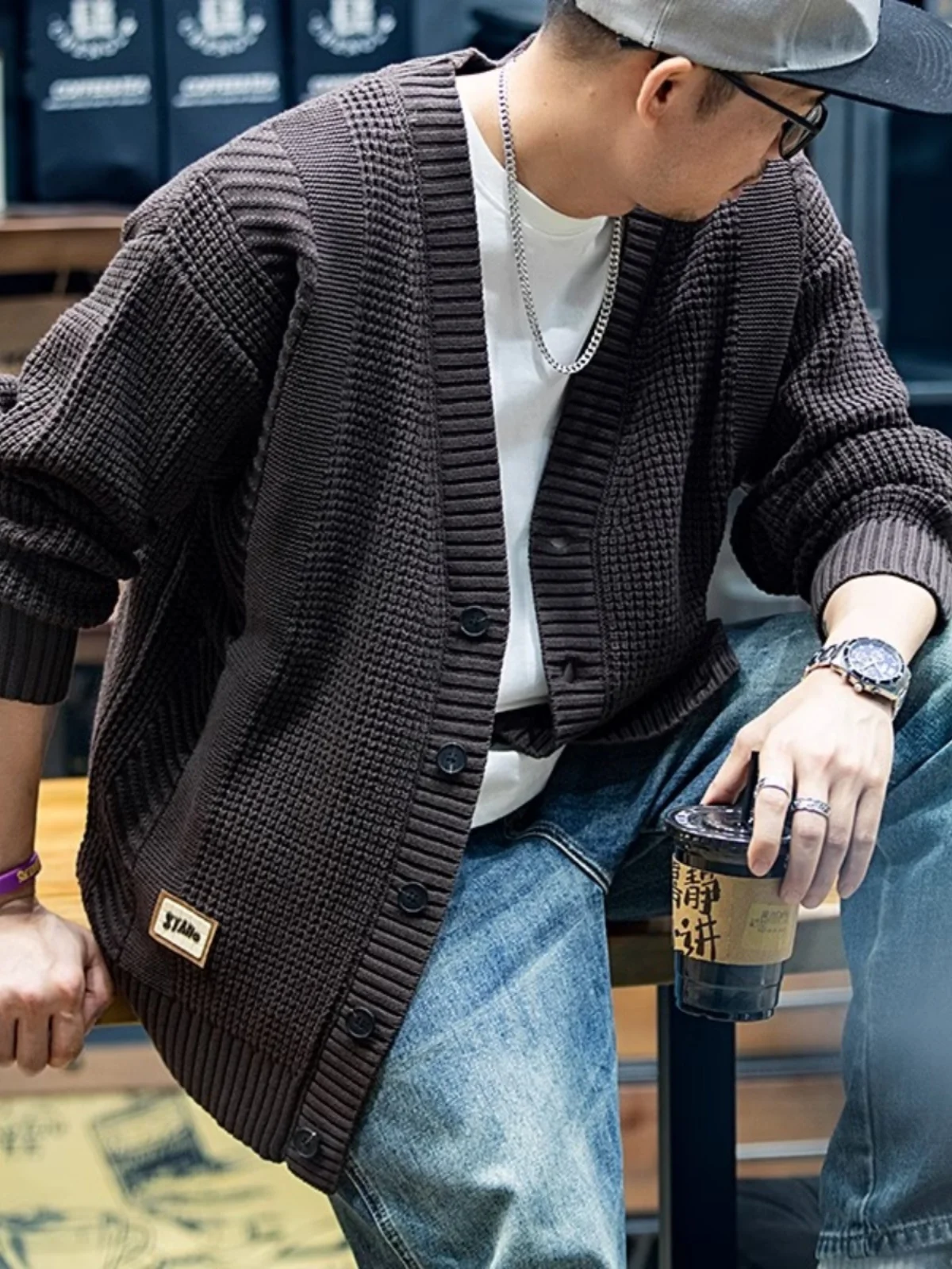 

Мужской свободный повседневный вязаный кардиган с V-образным вырезом в американском стиле, большие размеры, из смесовой хлопково-шерстяной ткани, с длинными рукавами