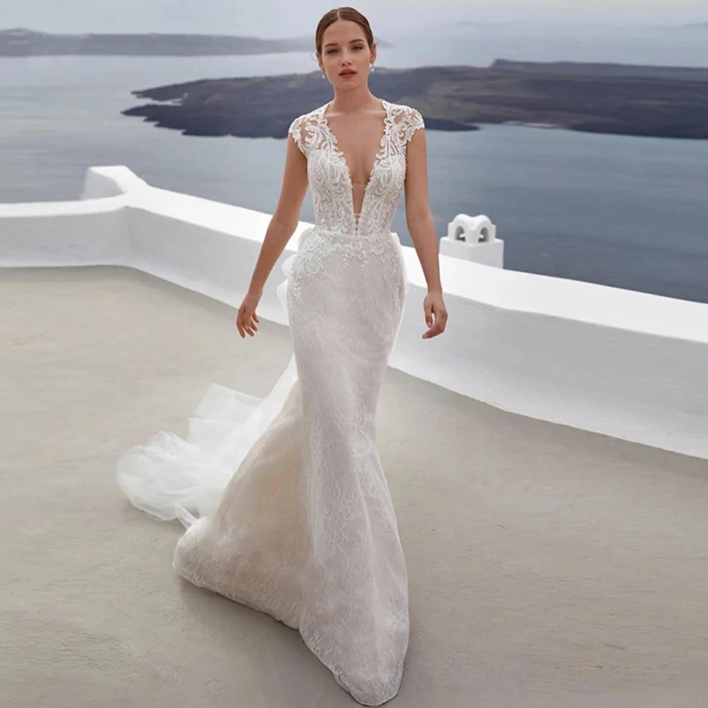 

Fascinating Sexy Deep V-neck Mermaid Tight Mopping Backless Wedding Dresses Beautiful Elegant Robes For Formal Party De Marrie