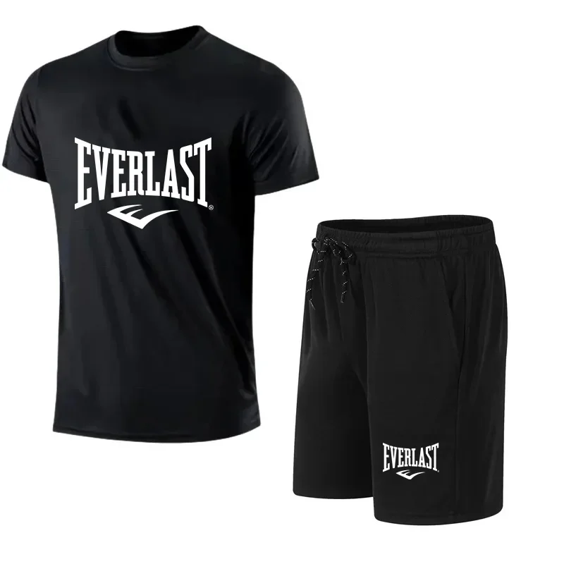 2024 New Men's EVERLAST T-shirt + Shorts 2pcs Set Leisure Breath Short Sleeve Sport Jogging Gym Brand Print Clothing