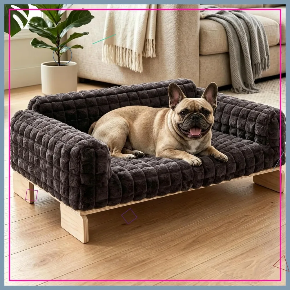 Elevated Dog Bed Medium Size Indoor, Wood Furniture Style Pet Couch with Removable Washable Cover, Fluffy Cat Bed for Home