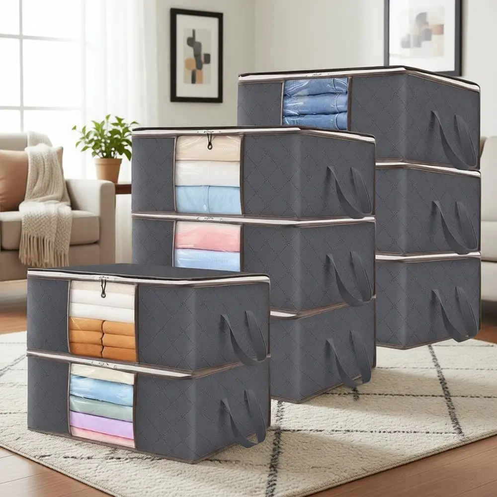 

Складной контейнер для хранения с усиленной ручкой для организации хранения одежды, одеял и постельного белья, серый, с прозрачным окном