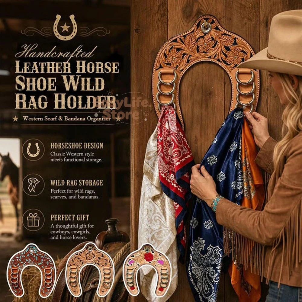 Handcrafted Leather Horseshoe Wild Rag Holder, Western Cowboy Scarf Organizer with Metal Rings, Rustic Ranch Wall Display Rack