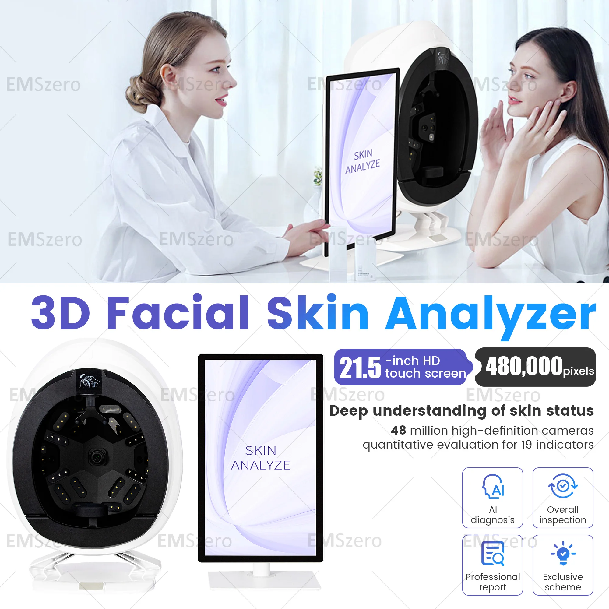 

9-Spectral Imaging Technology 3D Facial Skin Analysis Detector 48 Million Pixel Camera 180° Fully Automatic Full Face Capture