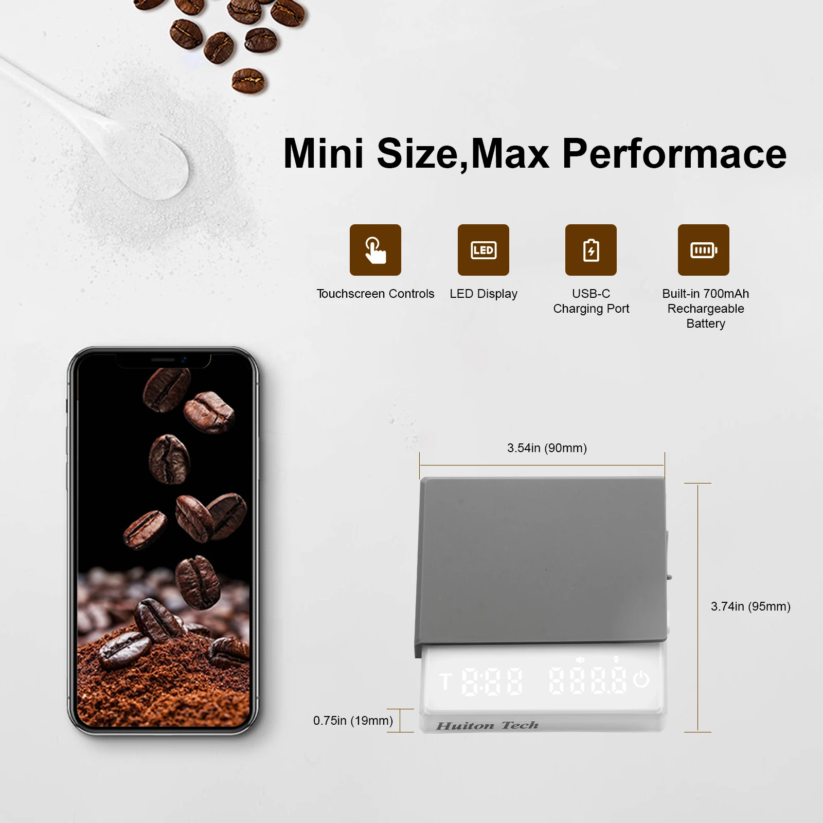 Huiton Küchenkaffeewaage mit Timer, wiederaufladbare Digitalwaage, 0,1 g, hohe Präzision, 3 Modi, Tropf-Espresso-Waage, Barista-Geschenk