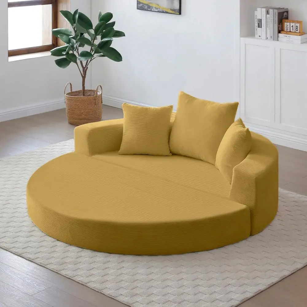 67 Circular Sofa Bed, Corduroy Lounge Couch, Loveseat Sleeper with 3 Cushions, Ready to Use, Suitable for Bedroom and Living Roo