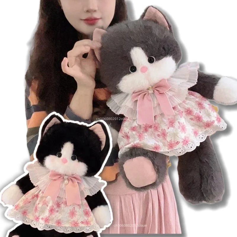 Fuzzy Plush Black & white Cat Plush Toy Stuffed Kitten Peluche Big Face Cat Plushie School Bags for Girl Birthday