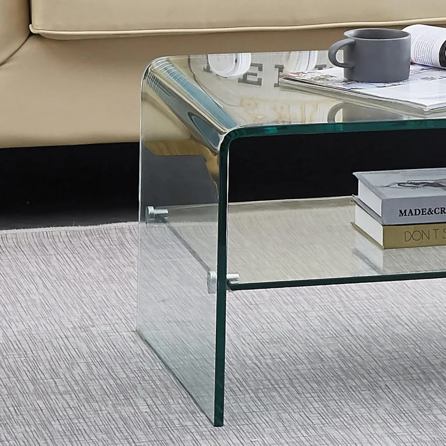 Clear Coffee Table Modern 2Layer Storage Waterfall Tempered Glass Coffee Tables for Living Room Easy to Cleand Safe Rounded Edg