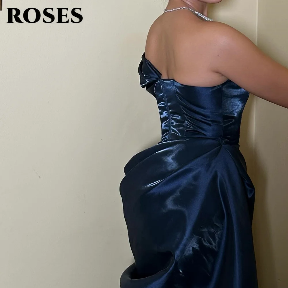 ROSES Navy Blue Prom Dresses One - Shoulder Shiny Satin Party Dress with Ruched Detail Mermaid Train Evening Gown Customized