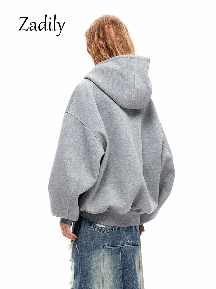 2024 Autumn Streetwear Long Sleeve Women Zipper Up Hoodies Oversize Solid Color Thick Cardigan Winter Casual Woman Coat