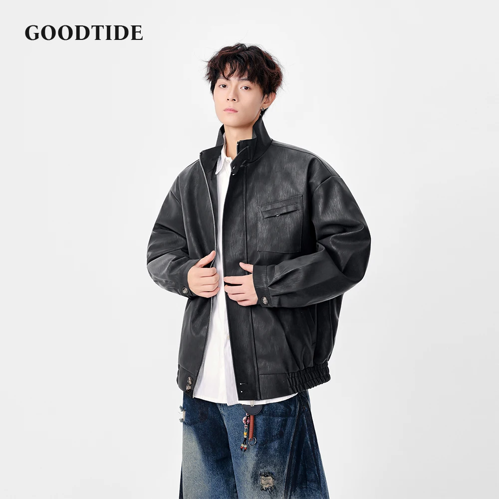 

Men's Black Stand Collar Faux Leather Jacket Loose Fit PU Leather Coat with Pocket Casual Streetwear Fashion Outerwear For Men