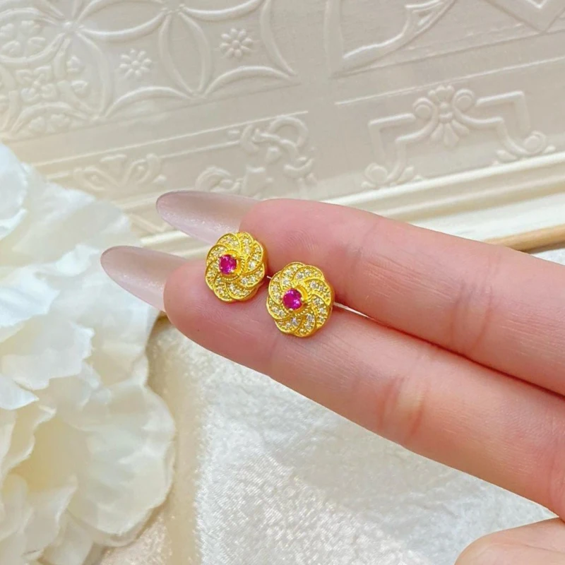 Classical light luxury spiral inlaid red diamond flower earings stud exquisite high-end and fashion earrings for women jewelry