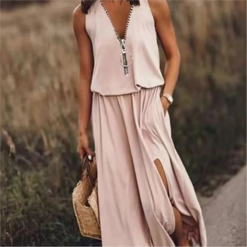 Kobiety Summer Holiday Solid Maxi Dress Zipper Up V Neck Sleeveless Pocket Front Split Boho Beach Midi Dresses Casual Robe Vestido