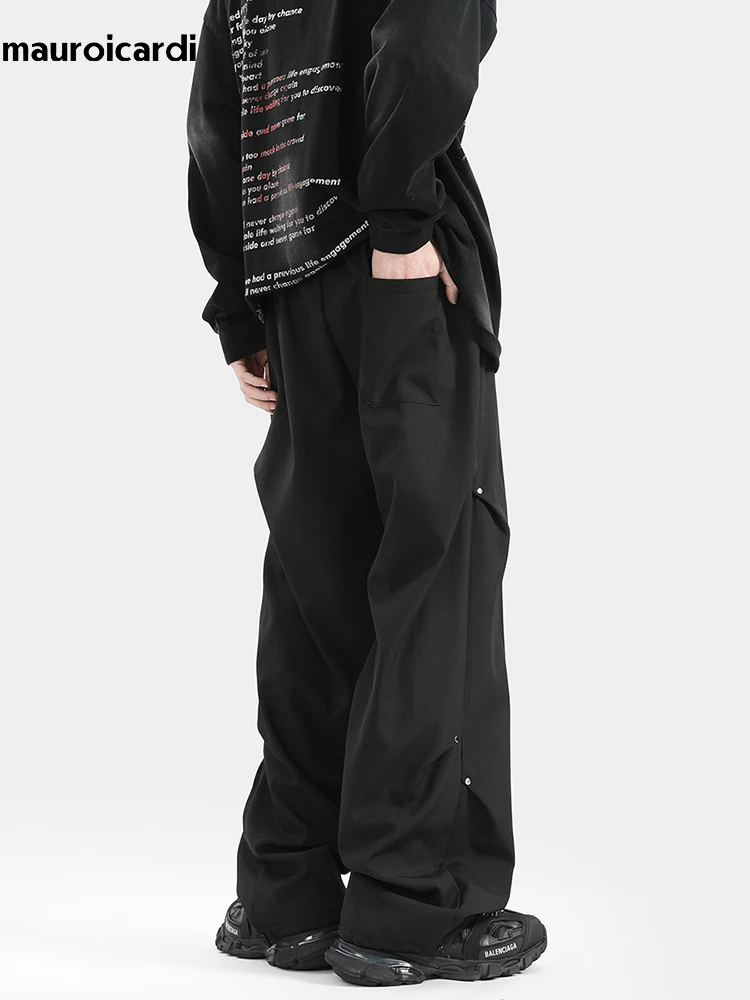 Mauroicardi Spring Autumn Long Loose Casual Baggy Flowy Soft Black Wide Leg Pants Men with Drawstring High Waist Clothing 2024