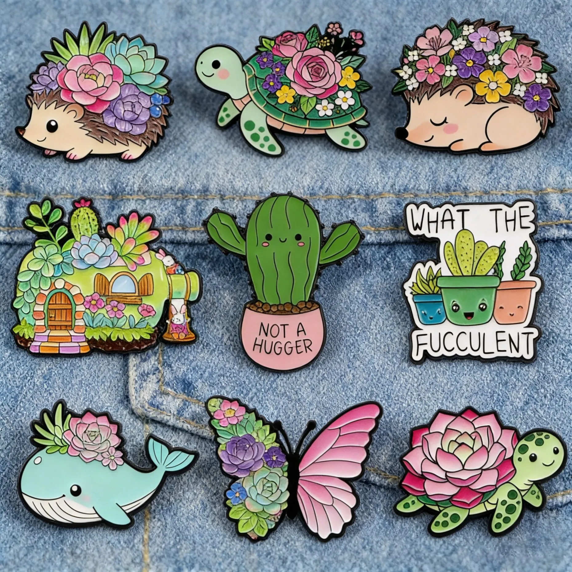 Cute Floral Succulent Animal Enamel Pin Cartoon Whale Butterfly Turtle Brooch Kawaii Lapel Pins for Backpacks Collectible Gift