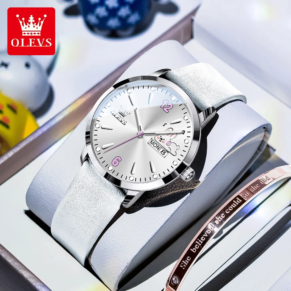 OLEVS 5700 Fashion Sport Student Watches Luminous Waterproof Dual Calendar Leather Strap Women's Quartz Wristwatch Original