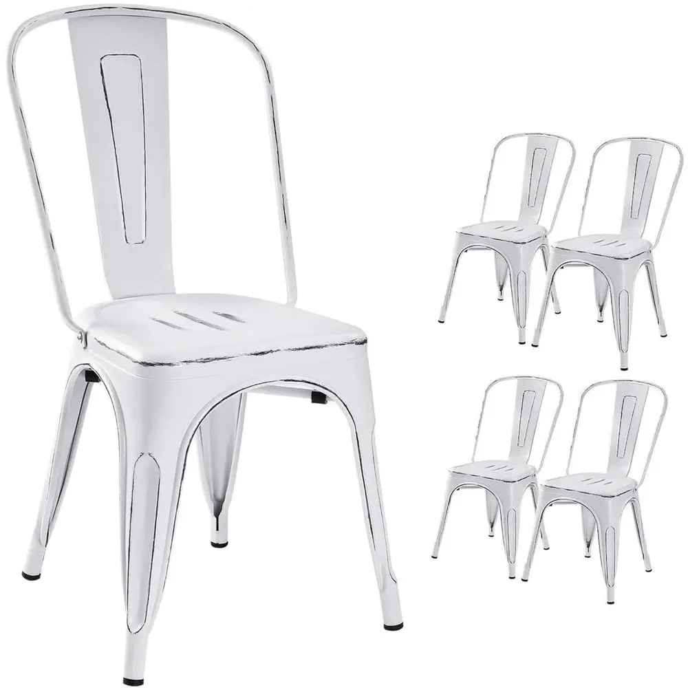

Metal IndoorOutdoor Chairs Distressed Style Kitchen Dining Chairs Stackable Side Chair with Back Set of 4 White
