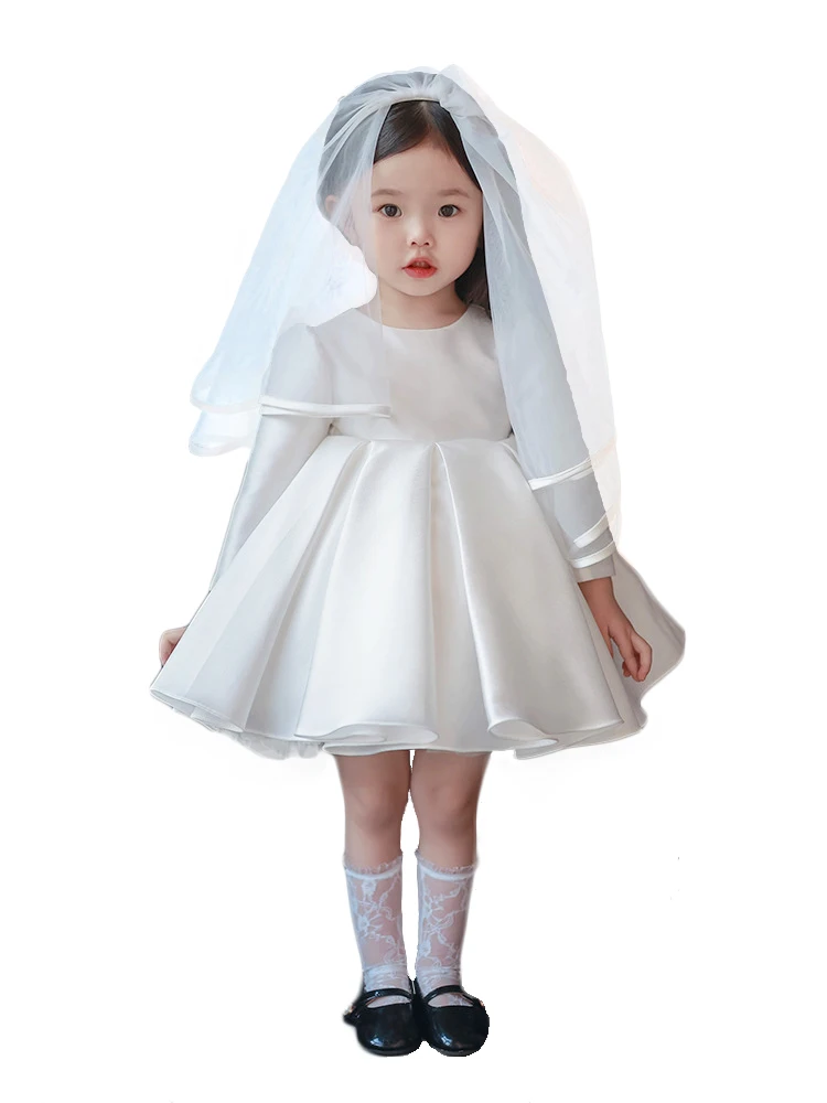 2023 Summer Kids Toddler Baby Flower Girls Satin Simple Classic Knee-length Dress for Birthday Ceremonies Wedding Party 2-9Years