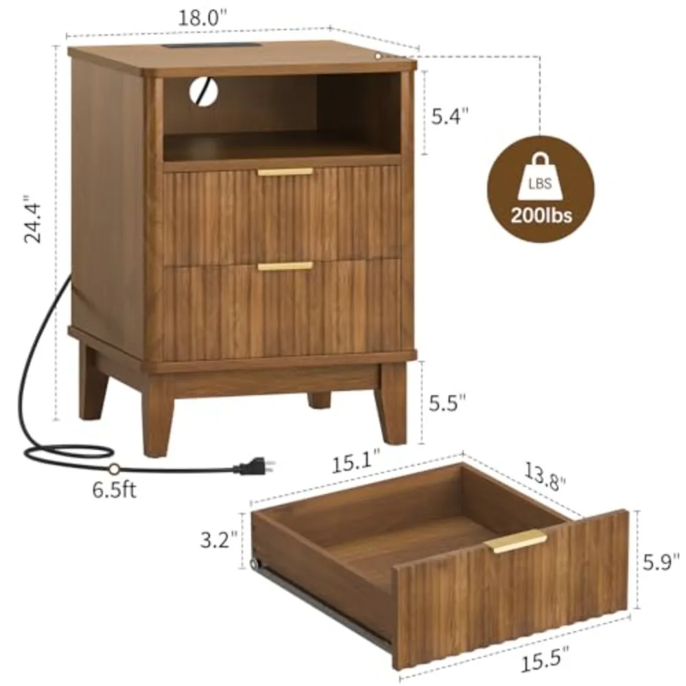 Night Stand with Charger Station, Fluted Nightstand with Drawers and Storage Shelf, Mid Century Modern Bedside Table