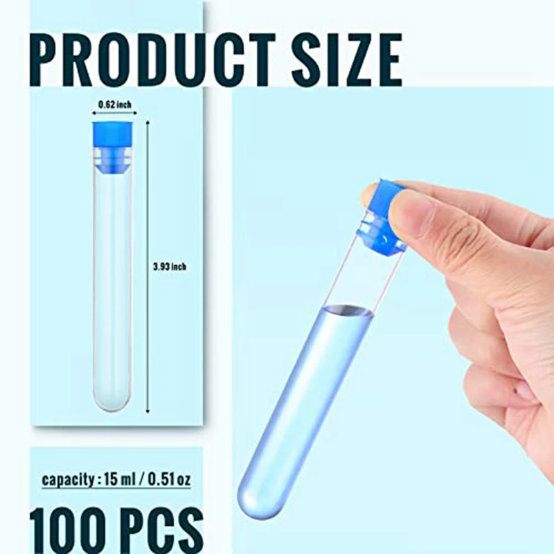 Tubes à essai en plastique transparent avec capsule, éprouvettes scientifiques, perle, 15 ml, 16x100mm, 100 pièces