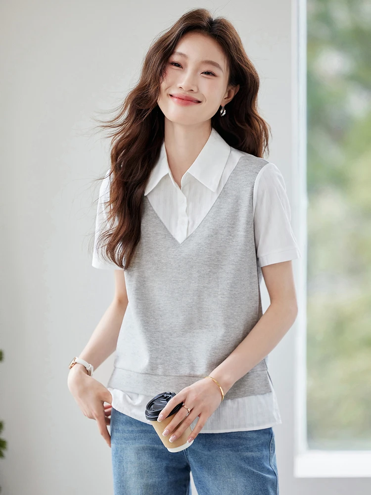 

Women's ort Sve irt Color Blo Design Commute Friendly Office Wear Summer New Sle Straight Cut Korean Version