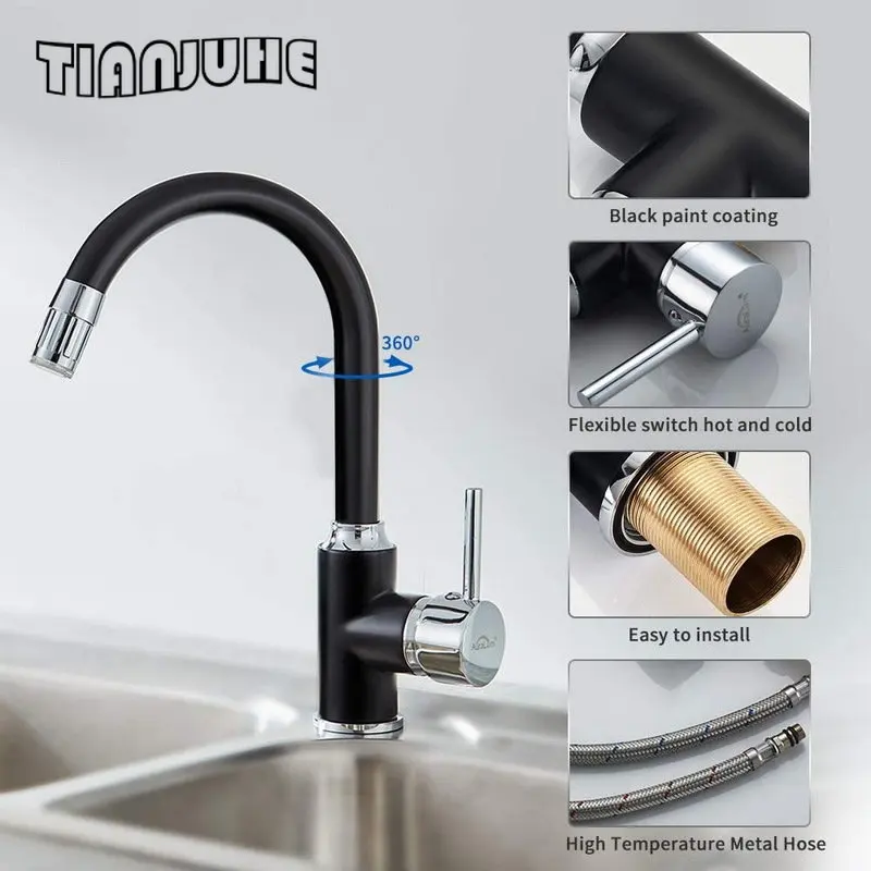 Single Handle LED Kitchen Faucet Basin Mixer Tap with Rotatable Spout Black