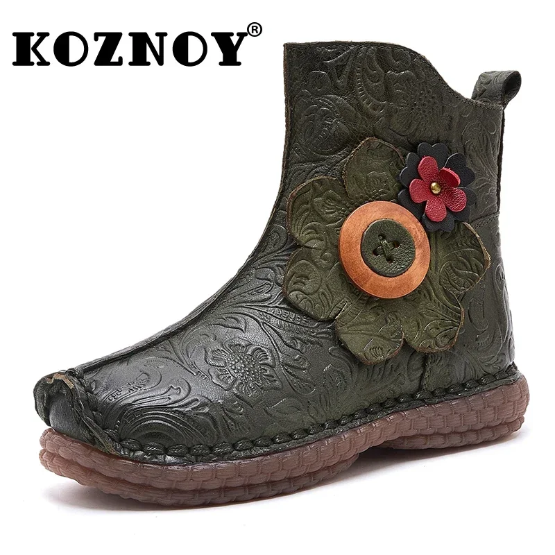 Koznoy 3cm Woman Embossed Genuine Leather Moccasins Platform Wedge Autumn Booties Ethnic Flats Ankle Boots Spring PUNK Shoes