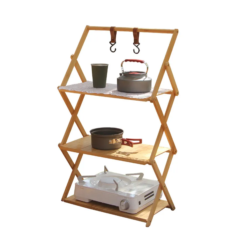 Outdoor Rack Camping Foldable Multi-layer Portable Installation-free Bamboo Storage Rack Multifunctional Shelf Foldable Table