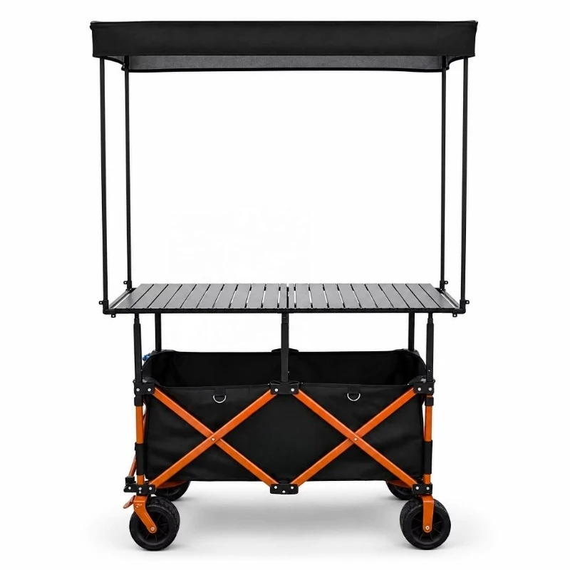 Foldable four-wheeled outdoor camping cart with height-adjustable table