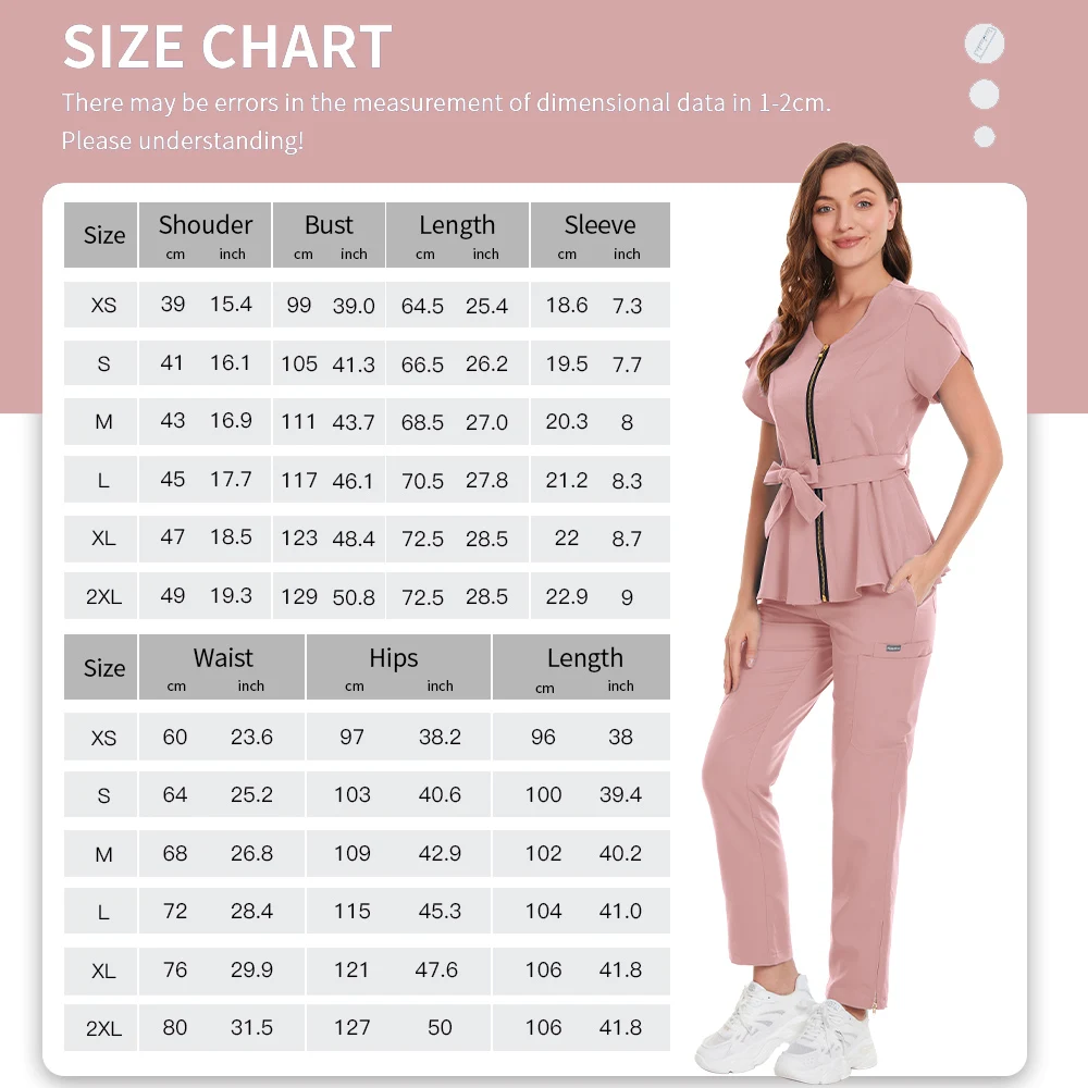 Medical Scrubs Sets Doctor Nurse Nursing Uniforms Women Two Piece Suit Tops+Pants Zip Ruffle Hem Suits Beauty Salon Spa Clothes