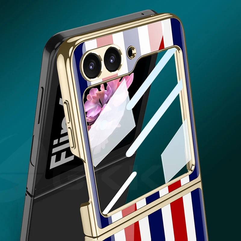 Colour Stripes Painted Glass Case For Samsung Galaxy Z Flip 6 5 Back Screen Glass Plating Plastic Cover For Galaxy Z Flip 6 Case