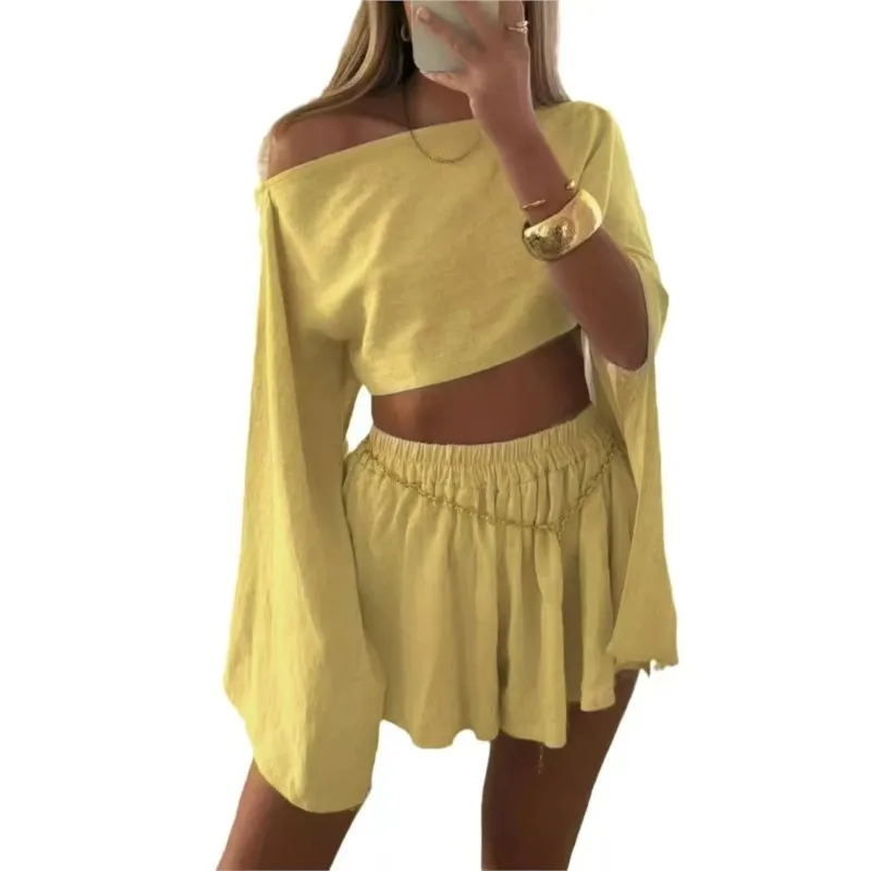 

2026 New Shorts Set Solid Color Casual Loose Off Shoulder Fashion Unique Comfort Elegant Versatile Simple Party Style Shorts Set