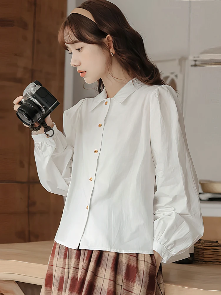 School Vintage Puff Long sleeve Shirt Women Cotton Youthful Basic Casual Blouses Female Top Lady Elegant White Oversized