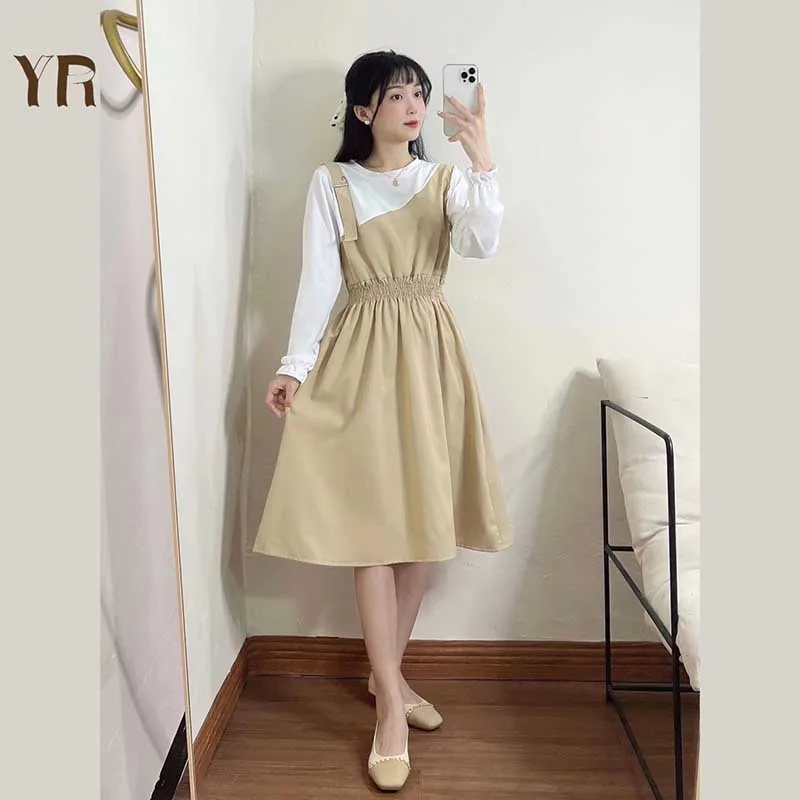 Sweet O-Neck Spliced Shirring Fake Two Pieces Midi Dress Female Clothing 2024 Spring New Loose Butterfly Sleeve Casual Dresses