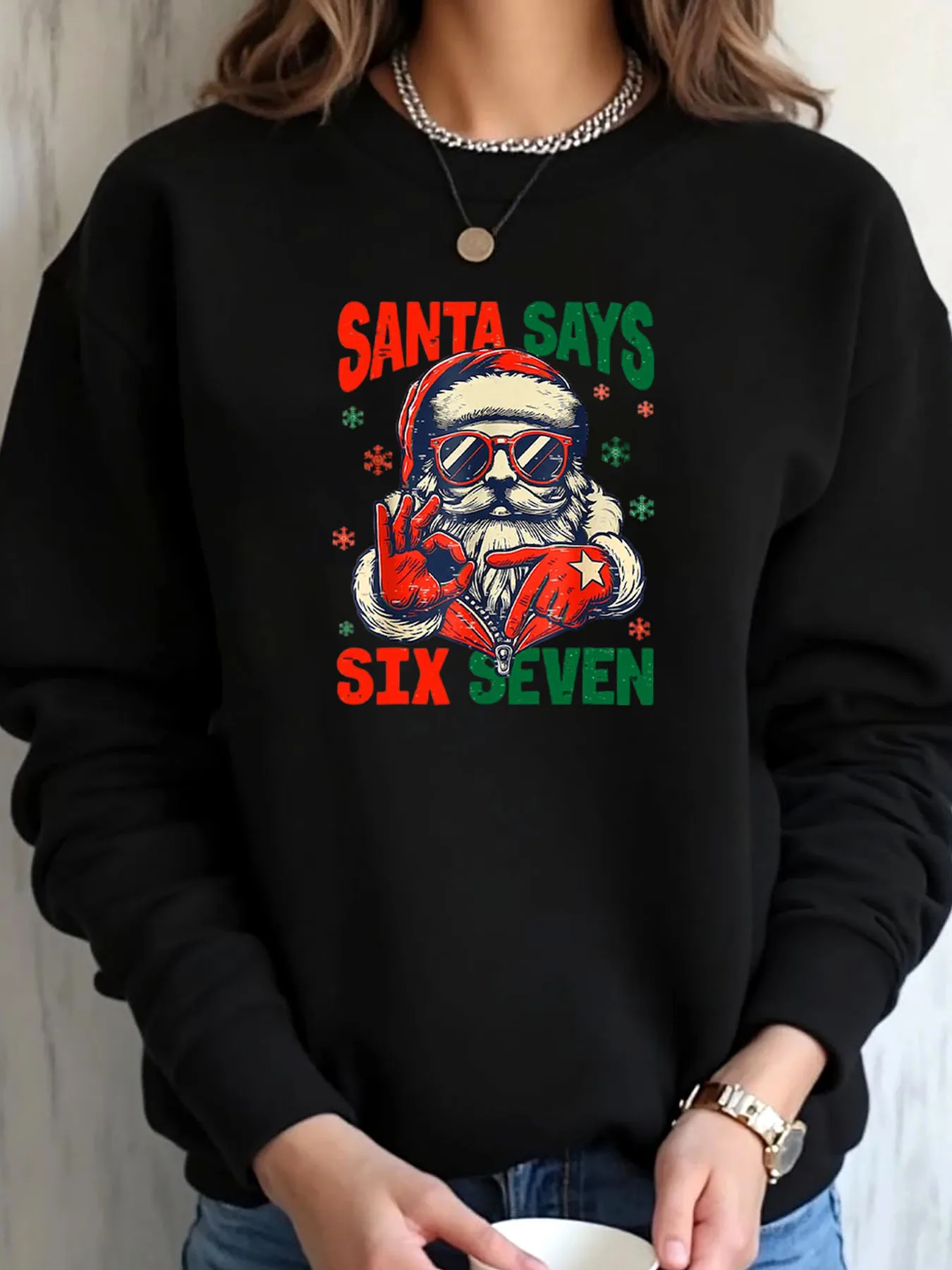 

Женская толстовка больших размеров с рождественским принтом Санта-Сесть и семью принтами, верхняя одежда