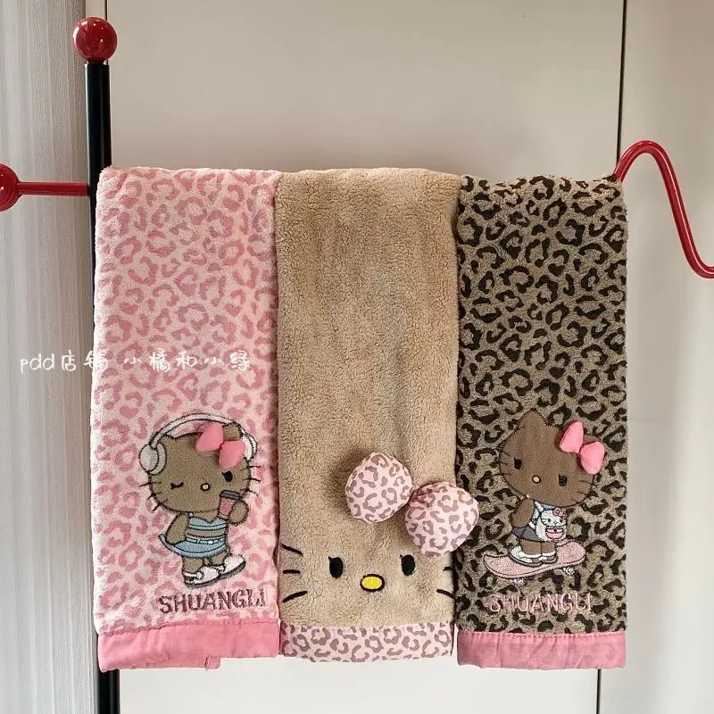 Kawaii Sanrio HelloKitty Leopard Print Face Towel Thick Coral Fleece Quick Dry Absorbent Couple Cute Anime Cartoon Holiday Gift view 2