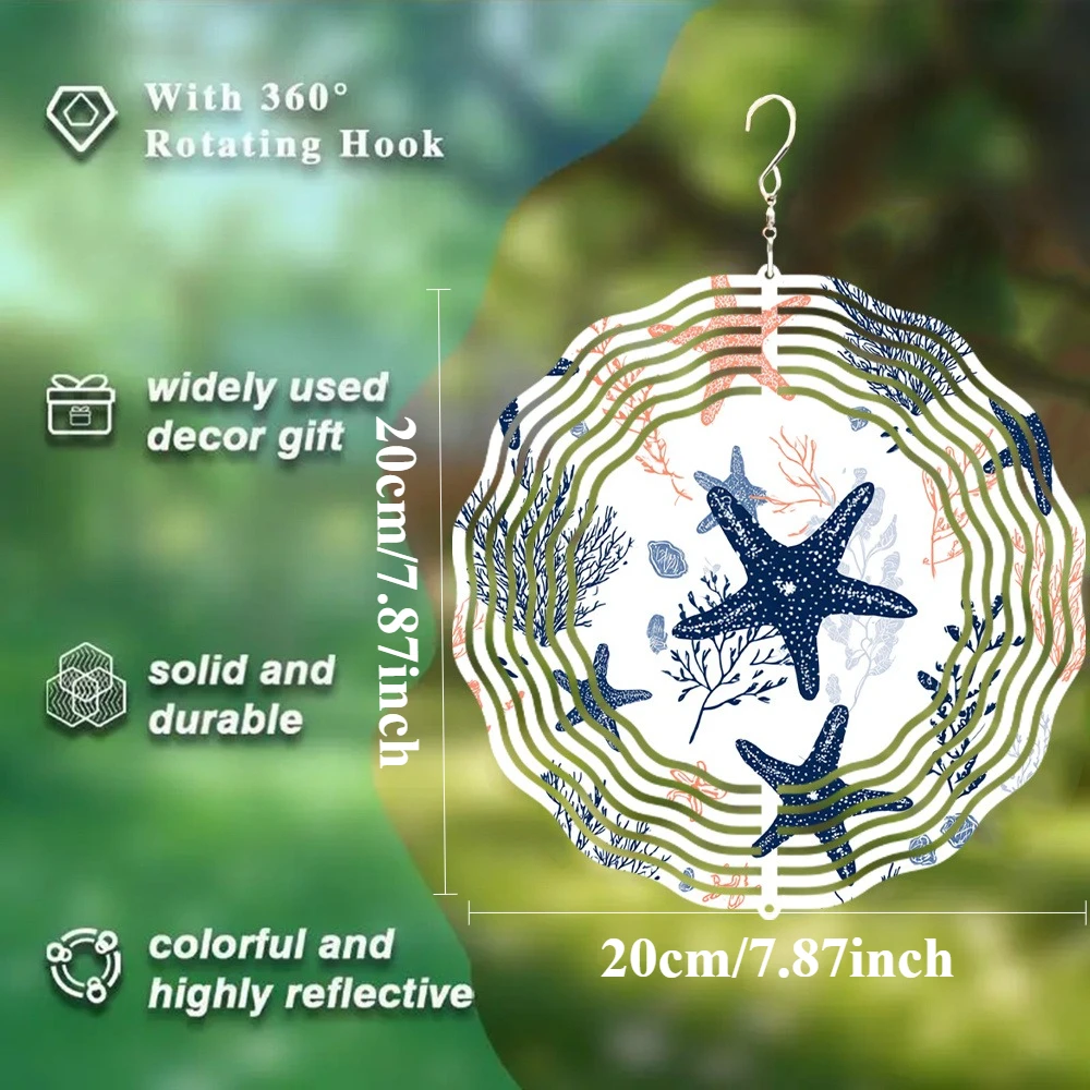 1pc Large 3D Rotating Sea Star & Seaweed Wind Chime with 360° Spinning Blades - Metal Marine Wind Spinner