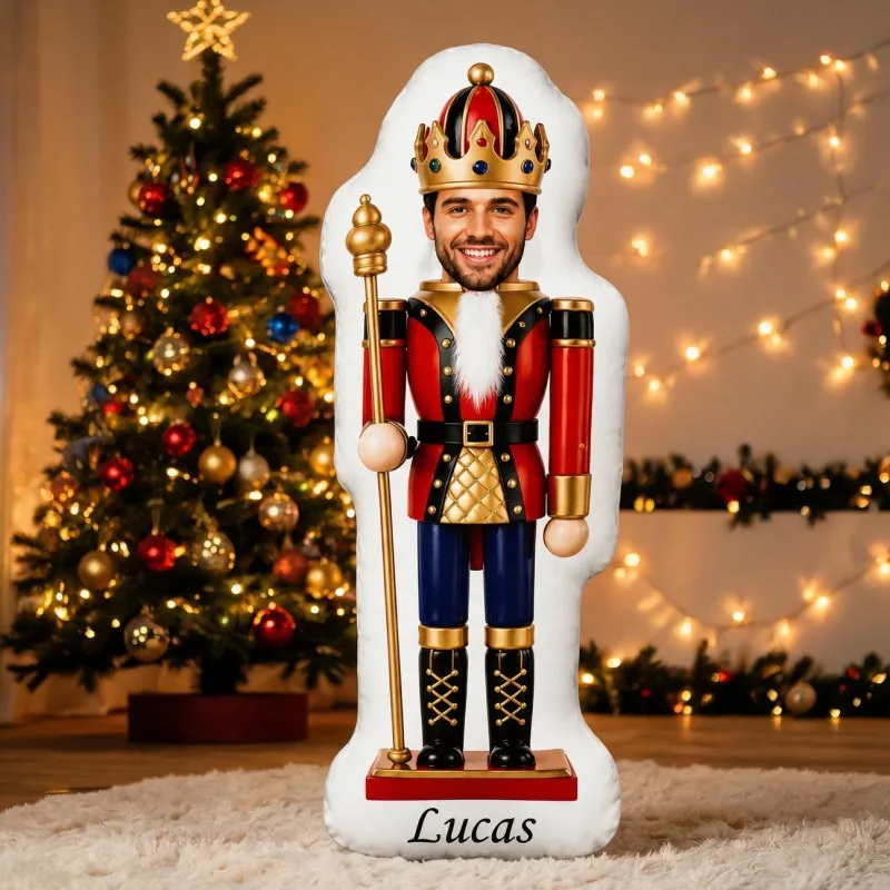 Custom Photo Nutcracker King Shaped Pillow, Personalized Face Red Royal Uniform Decorative Cushion, Unique Home Decor Accent for