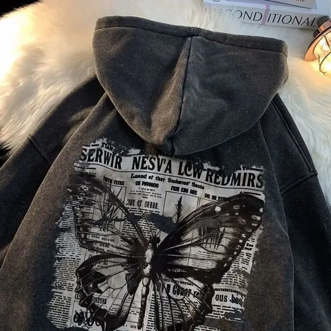 

Толстовка с капюшоном большого размера (300 Pou) в американском стиле, с принтом, осенне-зимняя, утепленная, винтажная, от модного бренда