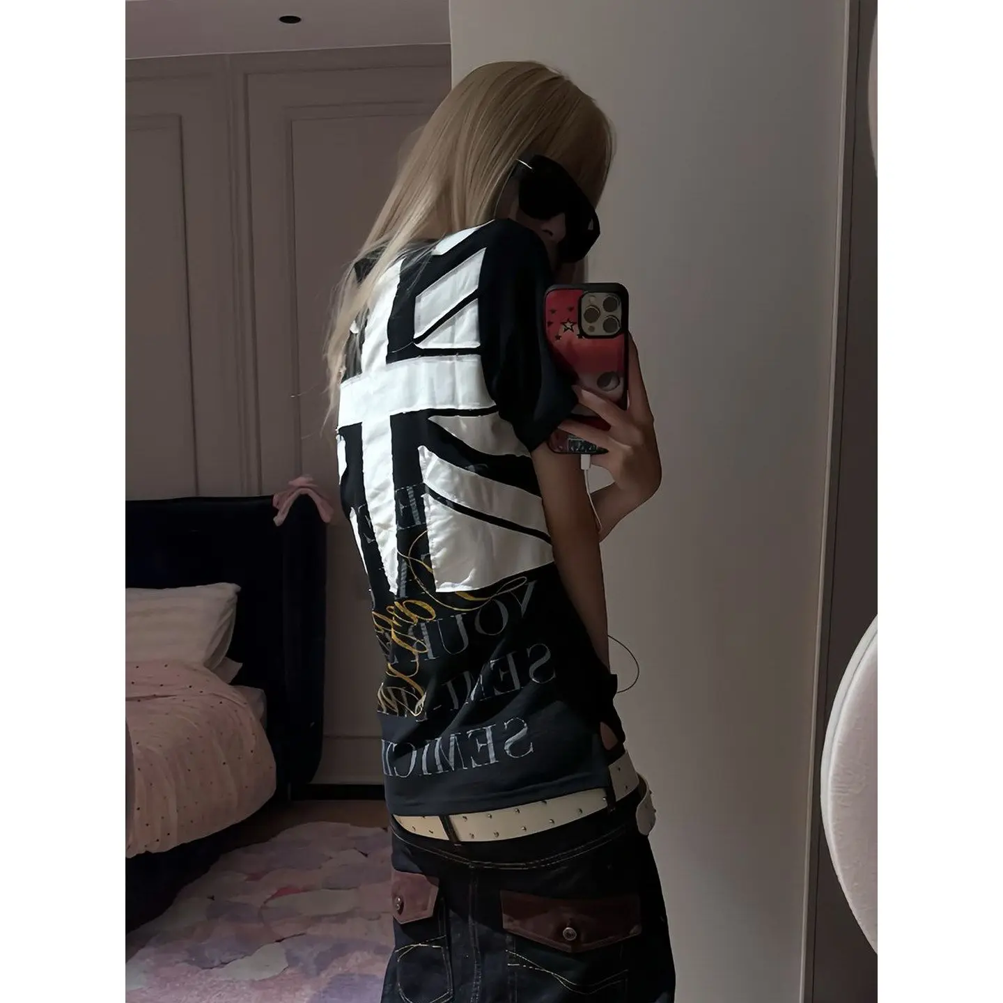2026 American Streetwear Regular Fit Short Sleeve Women Summer Union Jack Embroidery Slim-fitting T-shirt Visual Top