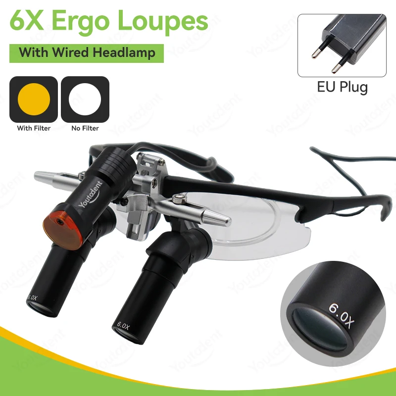 Ergo Optische Tandheelkundige Loep 48 °   Met 5W LED-licht 4X 5X 6X Opklapbare operatie-loepen Hoekstructuur Parallel zichtveld
