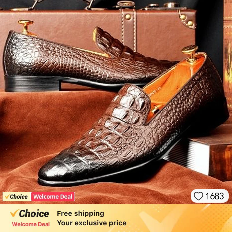 Men's Brown Handmade Luxury Crocodile Pattern Leather Loafers Slip-On Business Dress Shoes Formal Office Footwear