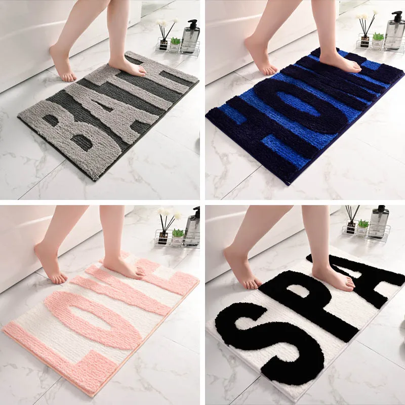 Long Hair Bathroom Mat Super Thick Fluff Fiber Bath Mat Absorbent Anti-slip Toilet Entrance Door Floor Mat Letter Pattern Rugs