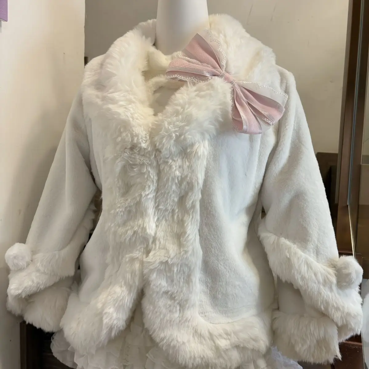 Japanese Sweet Lolita Faux Fur Coat Y2K Plush Short Top with Pink Bow Ruffle Cuff Cape Coat Kawaii Winter Wear with Lolita Skirt