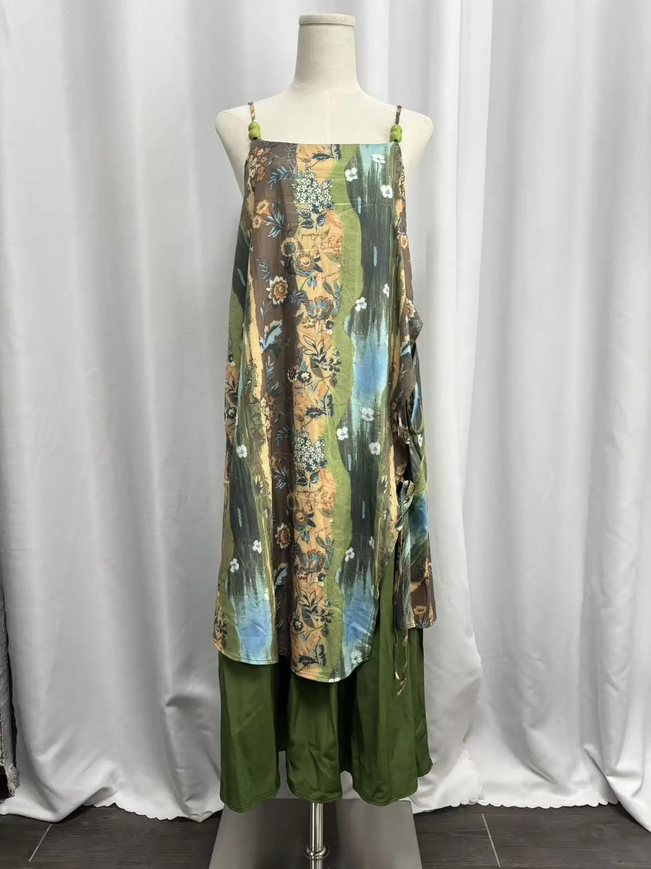 リアルショット レディース オリジナル植物モチーフ油絵プリント ストラップキャミドレス オズの魔法使い風 バケーションビーチドレス 夏向け