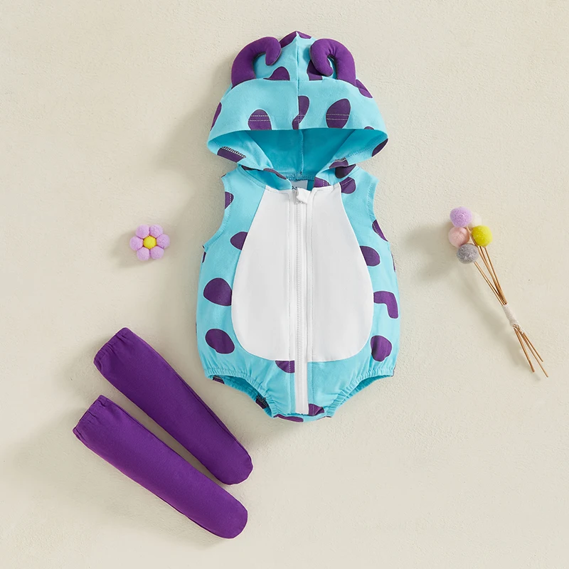 Vêtements de monstre mignons pour bébés filles et garçons, barboteuse à capuche sans manches avec fermeture éclair avant, chaussettes longues, costume de cosplay, ensemble de 2 pièces