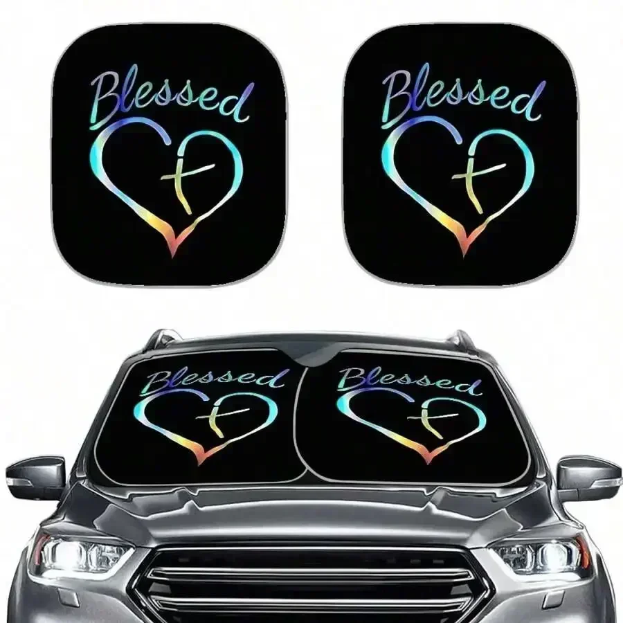 

2pcs Foldable Car Windshield Sunshade With Blessed Heart Cross Design UV Protection