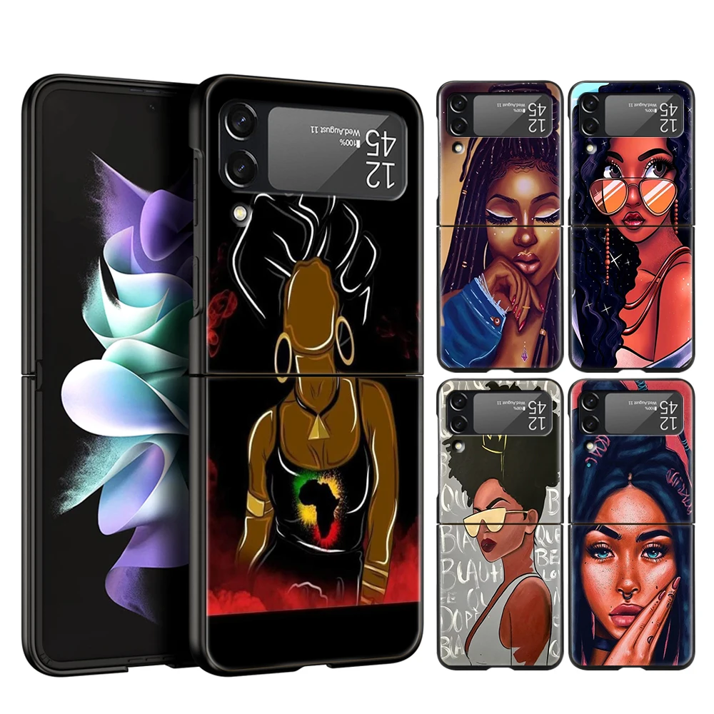 Fashion Black Girl Hard PC Phone Case For Samsung Galaxy Z Flip 4 Black Cover For Galaxy Z Flip 3 Foldable Shockproof Case Capas